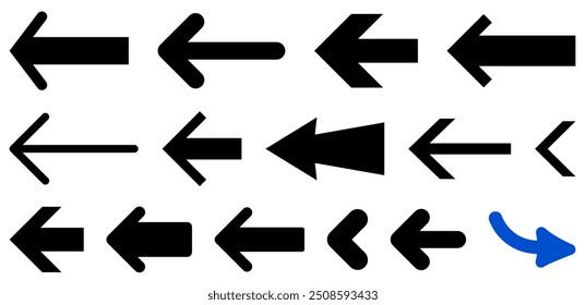 Vector illustration of various bold left-pointing arrow icons in black and blue, featuring clean, modern designs.