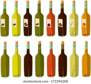Vector illustration of various bottles of oil and vinegar.