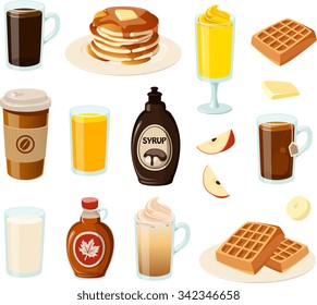 Vector illustration of various breakfast foods and drinks. 