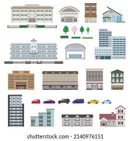 Ilustración vectorial de varios edificios. Vistas al exterior del edificio.