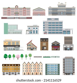 Vector illustration of various buildings. Exterior view of the building.