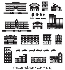 Vector illustration of various buildings. Exterior view of the building.Building silhouette.
