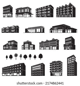 Vector illustration of various buildings. Exterior view of the building.