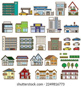 Ilustración vectorial de varios edificios. Vista frontal del edificio.