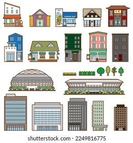 Vector illustration of various buildings. Front view of the building.