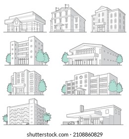 Vector illustration of various buildings. Line drawing.