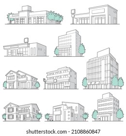 Vector illustration of various buildings. Line drawing.