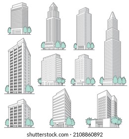 Vector illustration of various buildings. Line drawing.