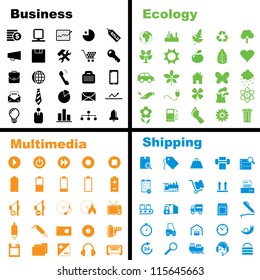Vector illustration of various business, ecology, multimedia and shipping icons.
