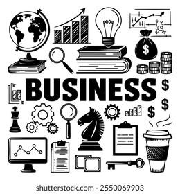 vector illustration of various business-related icons and symbols. 