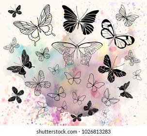 Vector illustration. Various butterflies on watercolor style background. Vector butterflies set. Pen style vector objects.