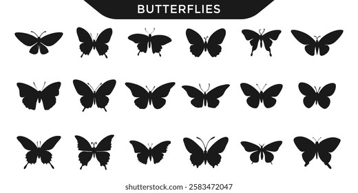 Vector illustration of various butterfly silhouettes in different shapes and sizes, perfect for design projects, educational materials, and nature-themed artwork.