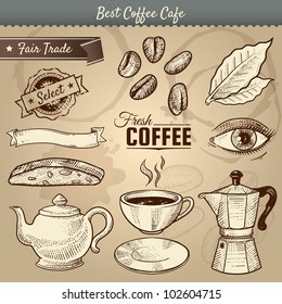 Vector illustration of various cafe items doodled in vintage style. Great for menu use. Includes a cup, saucer, maker, teapot, leaf, biscotti, and beans. Coffee labels. Eye represents awake.Eps10