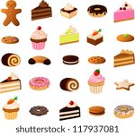 vector illustration of various cakes and pastries isolated on white.