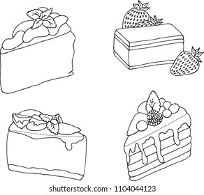 vector illustration of various cakes and pastries isolated on white.