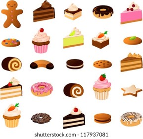 vector illustration of various cakes and pastries isolated on white.