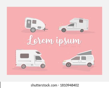 Vector illustration of various camper cars. Mobile home travel concept; camping; car trip. Pastel shades; simple flat style for design, postcard, banner. With copy space or for logo.