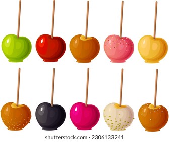 Vector illustration of various candy apples and caramel apples for Halloween isolated on white background.	
