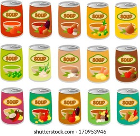 Vector illustration of various canned soups.
