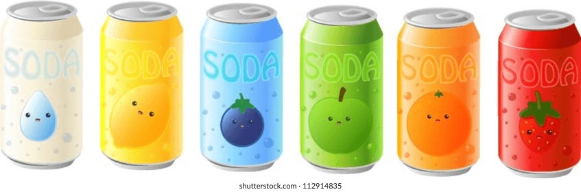 Vector illustration of various cans of soda in different flavors and colors.