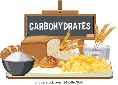 Ilustración vectorial de varios alimentos ricos en carbohidratos.