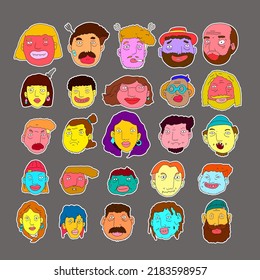 Vector illustration of various cartoon face expression people head for sticker, logo, and mascot design