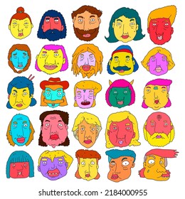 Vector illustration of various cartoon face expression people head for sticker, logo, and mascot design