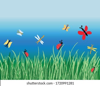 Dibujo vectorial de varios insectos de dibujos animados en hierba verde sobre fondo azul del cielo