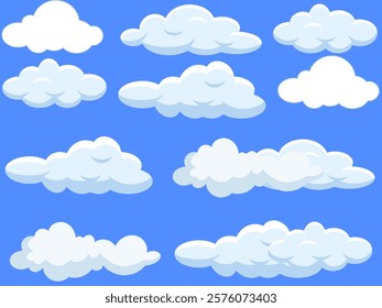 Vector illustration of various cartoon-style fluffy clouds on a bright blue background. Perfect for use in weather icons, children’s illustrations, animation designs, or as decorative elements in grap