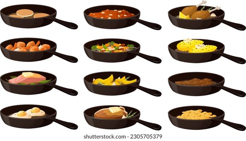 Vector illustration of various cast iron pan skillets with meat, eggs and vegetables isolated on white background.	