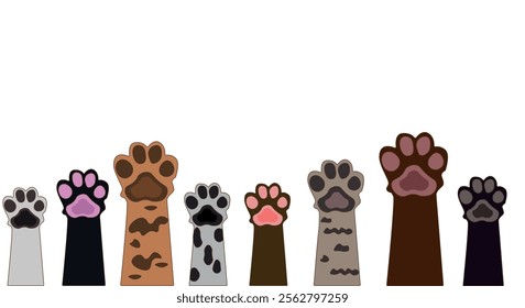 Vector illustration of various cat paws in different colors and patterns, showing their pads