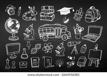 Vector illustration of various chalk-drawn education elements. Isolated school object collection on blackboard background.
