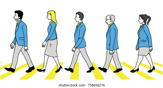 Vector illustration various character, full length of teamwork, businesspeople, man and woman, walking crossing street, side view. Outline, linear, thin line art, doodle, hand drawn sketch design.