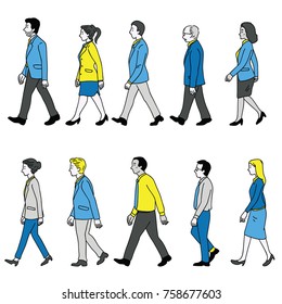 Vector illustration various character of full length businesspeople, man and woman, walking, diversity, multi-ethnic, side view. Outline, linear, thin line art, doodle, hand drawn sketch design.  