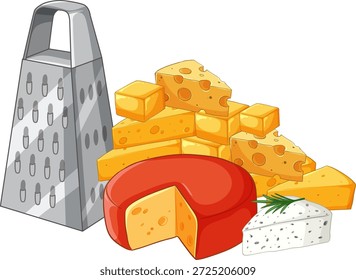 Ilustración vectorial de varios tipos de queso, incluidos cheddar, suizo y brie, junto a un rallador de metal