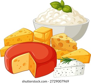 Ilustración vectorial de varios tipos de queso, cuñas y cuenco de ricota sobre un fondo blanco