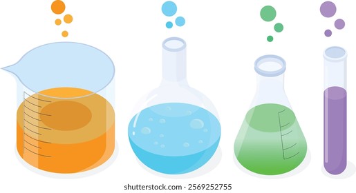 vector illustration of various chemistry lab equipment, including beakers, flasks, and test tubes filled with colorful liquids.