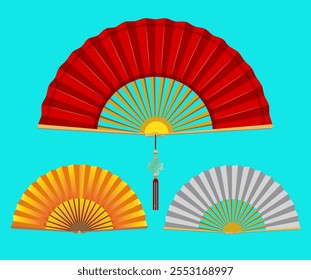 Vector illustration of various Chinese fans for fashion and cooling purposes.