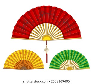 Vector illustration of various Chinese fans for fashion and cooling purposes.