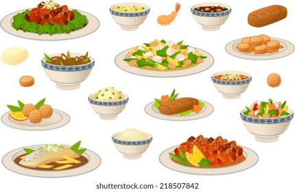 Vector illustration of various chinese food dishes.