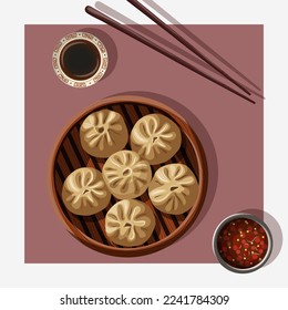 Vector illustration of various Chinese food isolated on pink and white. Pattern, background, card concept.