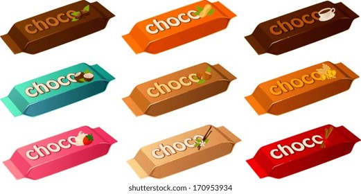 Vector illustration of various chocolate bars.