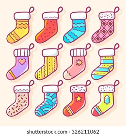 Vector illustration of various Christmas decorated socks on light background. Bright color. Hand draw line art design for web, site, banner, poster, board, postcard, print and greeting card. 
