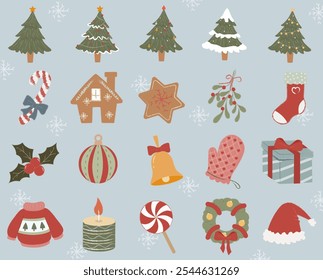 A Vector illustration of various Christmas holiday elements, including trees, decorations, and gifts, arranged in a charming festive.