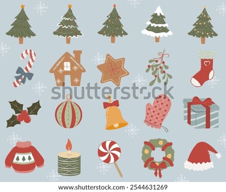 A Vector illustration of various Christmas holiday elements, including trees, decorations, and gifts, arranged in a charming festive.