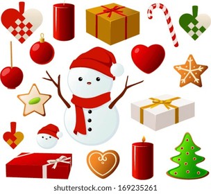 Vector illustration of various christmas items.