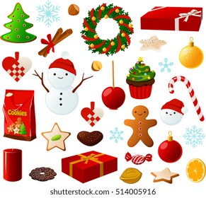 Vector illustration of various Christmas items.