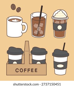 Vector illustration of various coffee drinks and takeout cups set