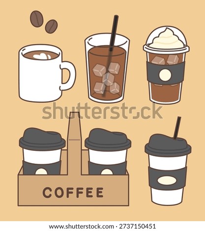 Vector illustration of various coffee drinks and takeout cups set