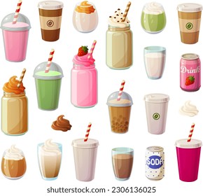 Vector illustration of various coffee shop take out drinks of coffee, dalgona coffee, chai, matcha and smoothies isolated on white background.	
